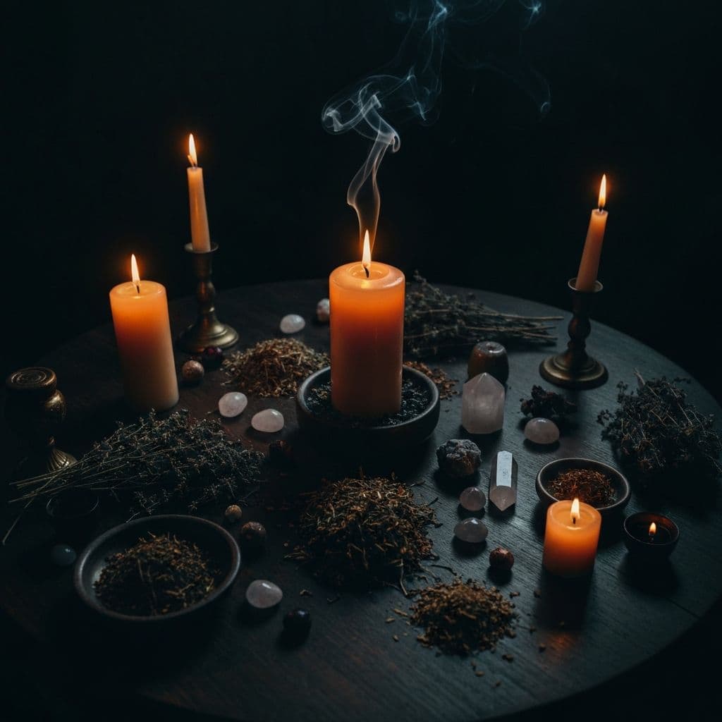 Altar de rituales con velas e hierbas